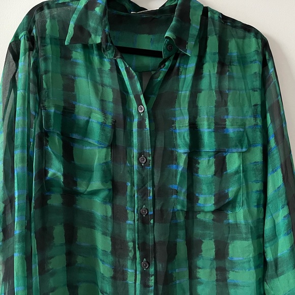 Equipment Silk Blend Button Down Blouse, Sheer Green Blue Black Pattern, Size S - Picture 3 of 4